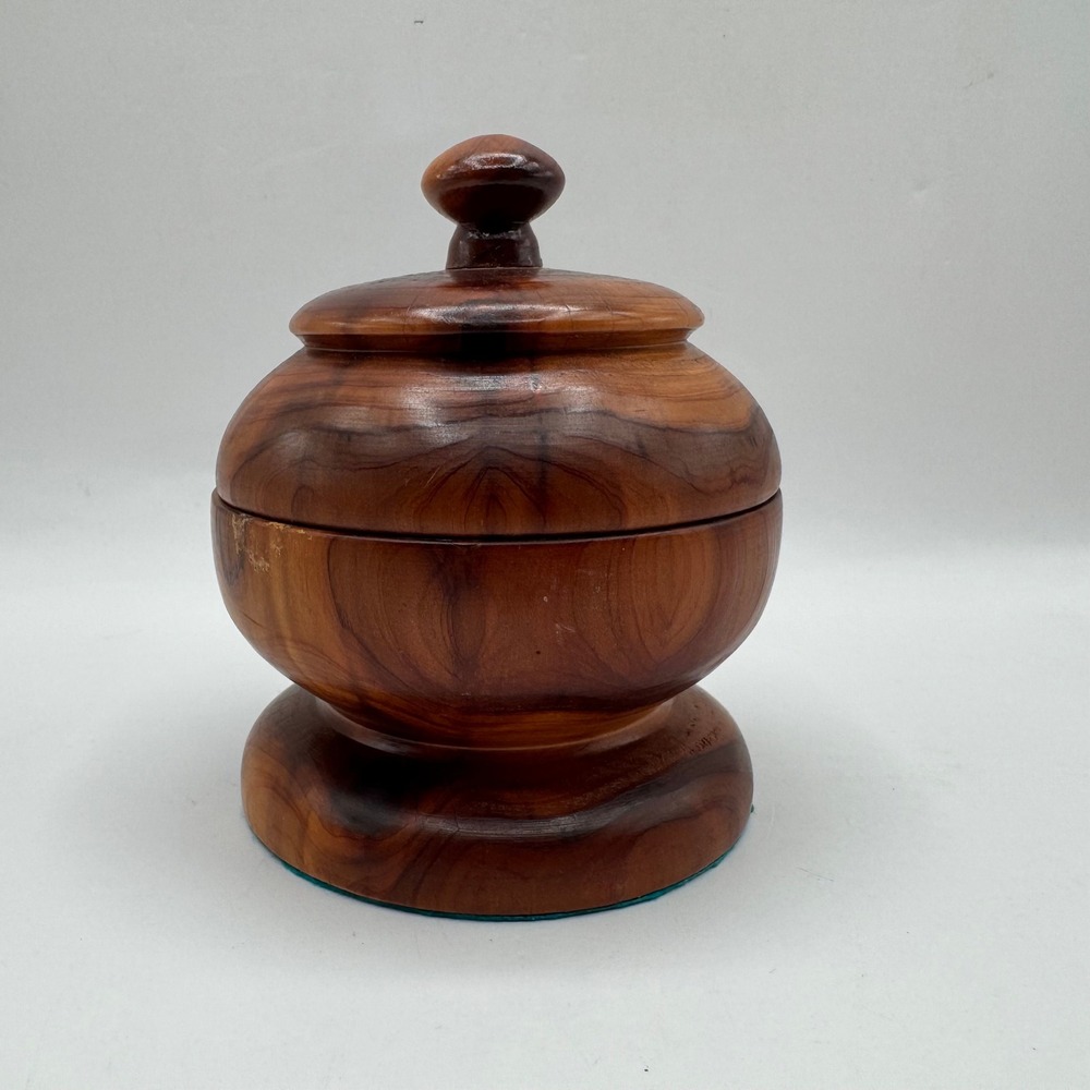 Vintage Wood Trinket Box Round Brown Hand Turned Pedestal Lid‎ Felt Bottom